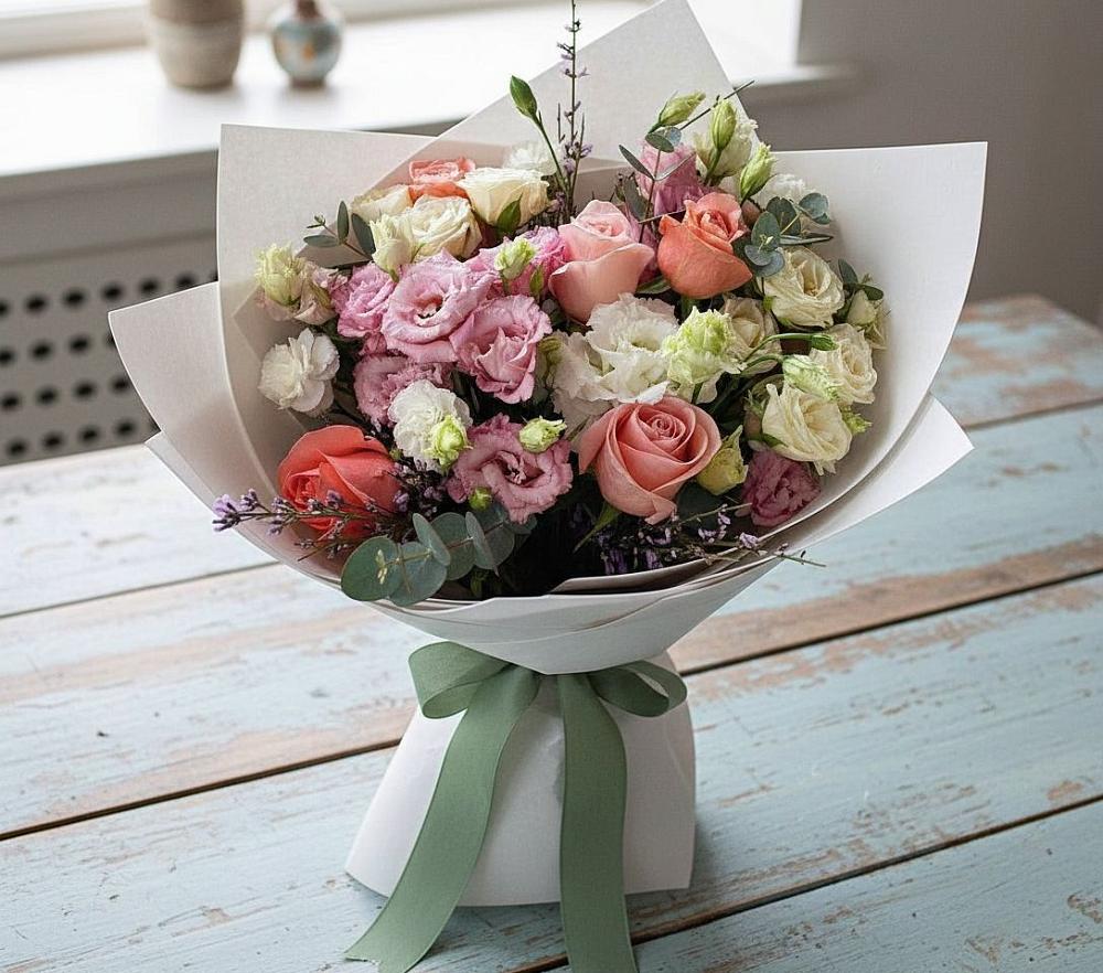 Букет цветов из: Розы, Лизиантусы и Гвоздики в Баклашах