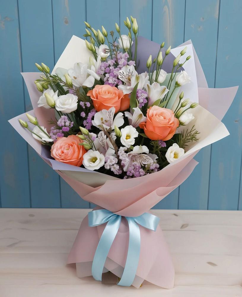 Букет цветов из: Лизиантусы, Розы, Альстромерии и Гипсофила в Баклашах