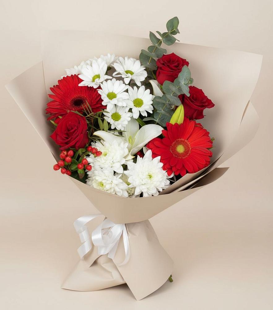 Букет цветов из: Розы, Хризантемы, Герберы и Лилии в Баклашах