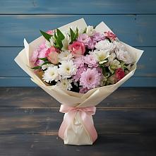 Букет цветов из:  Хризантемы, Альстромерии и Розы #REPLACE_PRED# Баклашах