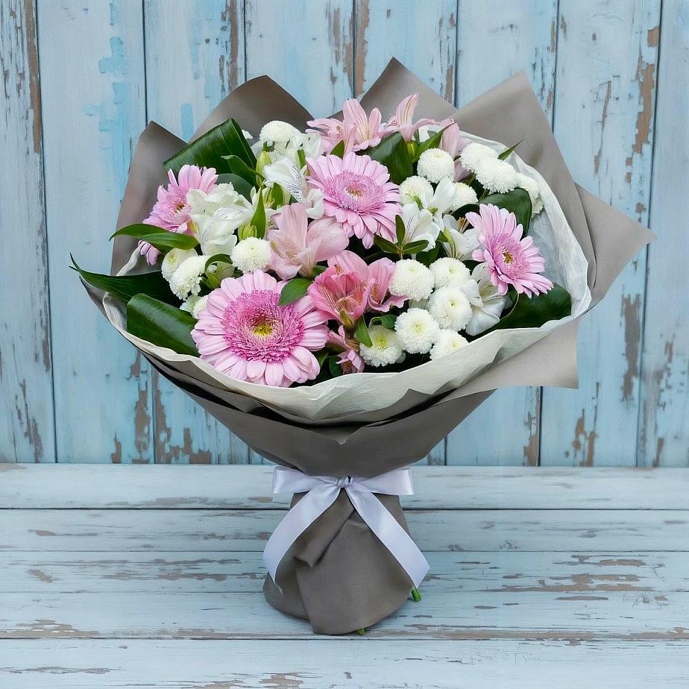 Букет цветов из: Герберы, Альстромерии и Хризантемы в Баклашах