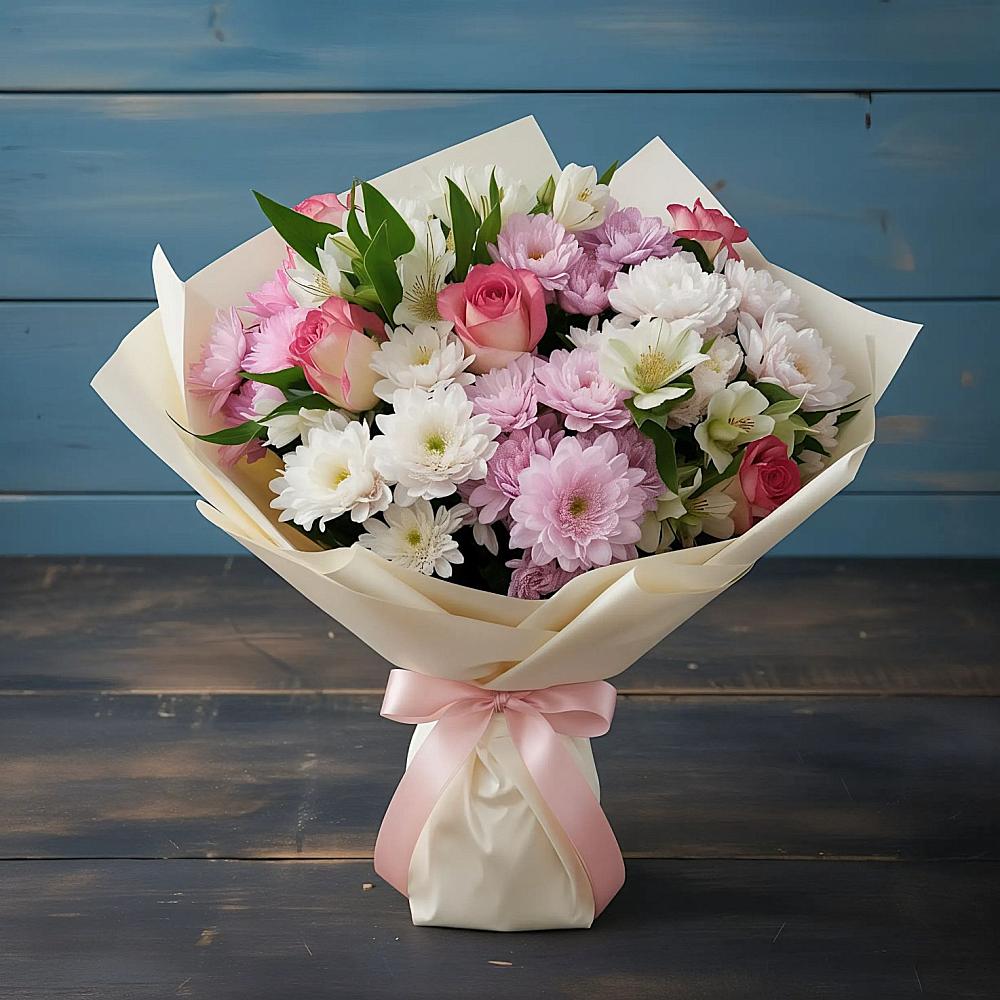 Букет цветов из: Хризантемы, Альстромерии и Розы в Баклашах